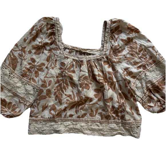 Christian Siriano Linen Blend Floral Square Neck Crochet Blouse Top Shirt Sz L - Picture 3 of 10